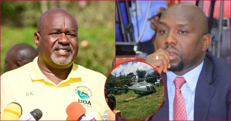 Collaged file images of KAA board chairman Caleb Kositany and Roads CS Kipchumbvba Murkomen (Inset: Ill-fated chopper CS Murkomen had boarded).